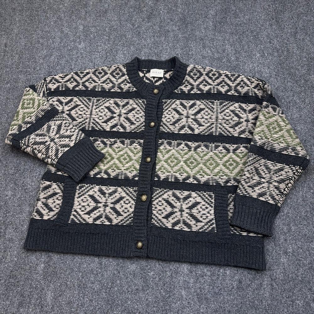 WRAP London Cardigan Women 12 Fair Isle 100% Lambswool Button Front Pockets Boxy
